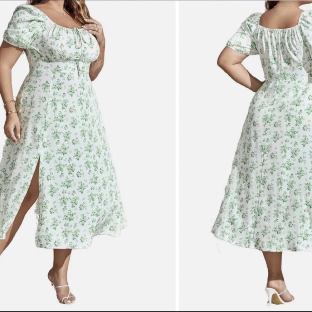 Shein Curve Dress 1X  Green Floral Print  Peasant Unlined Elastic Puff Sleeves